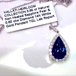 3.85 ct CERTIFIED NO HEAT SAPPHIRE and diamond pendant in 14kktwhite gold 18”